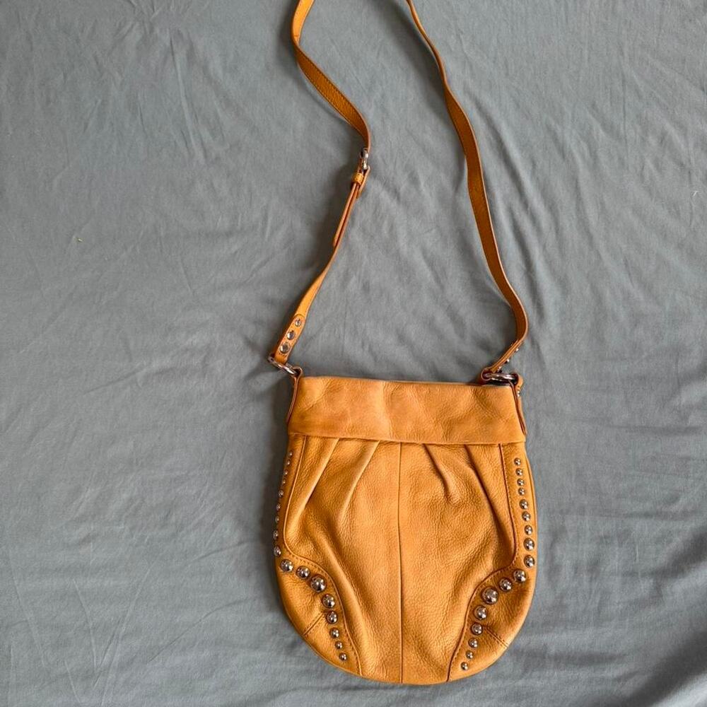 B Makowsky Tan leather studded crossbody bag with silver studs w/ magnetic clasp